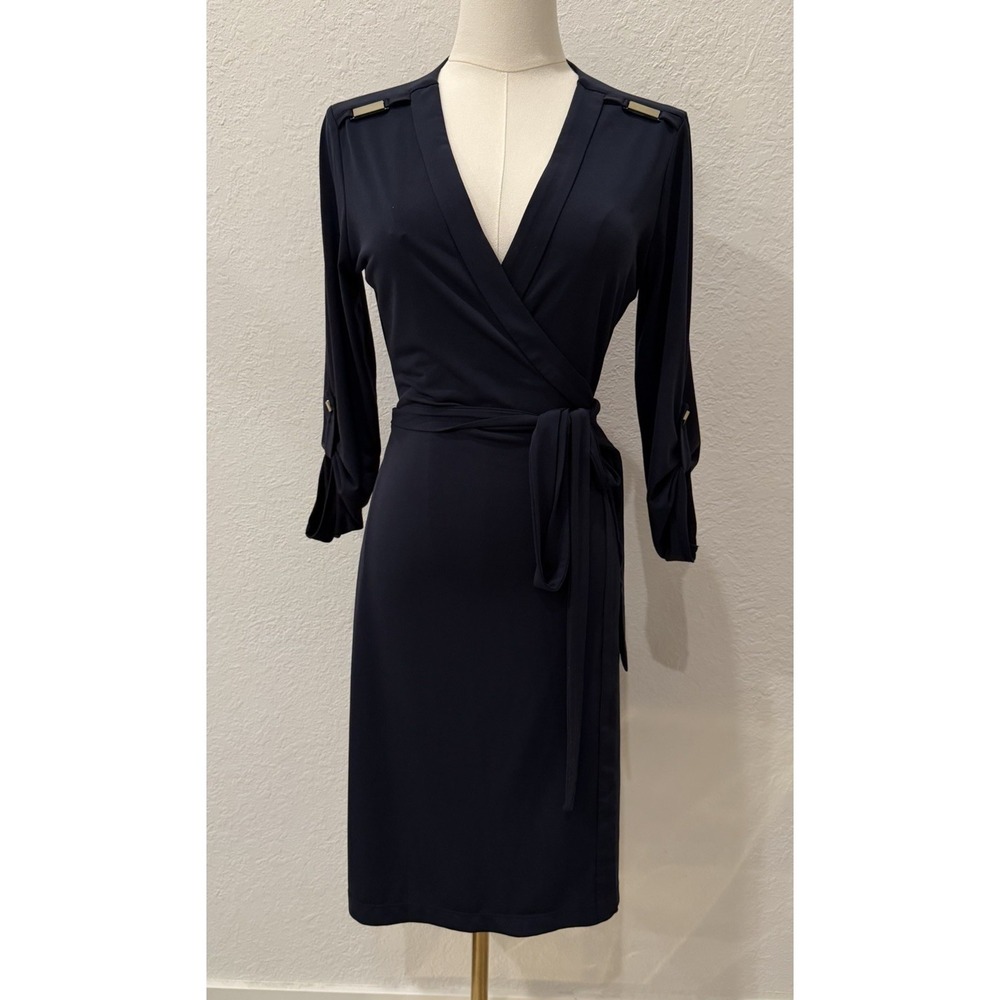 Calvin Klein Navy‎ True Wrap Dress Gold Hardware Career Office Medium